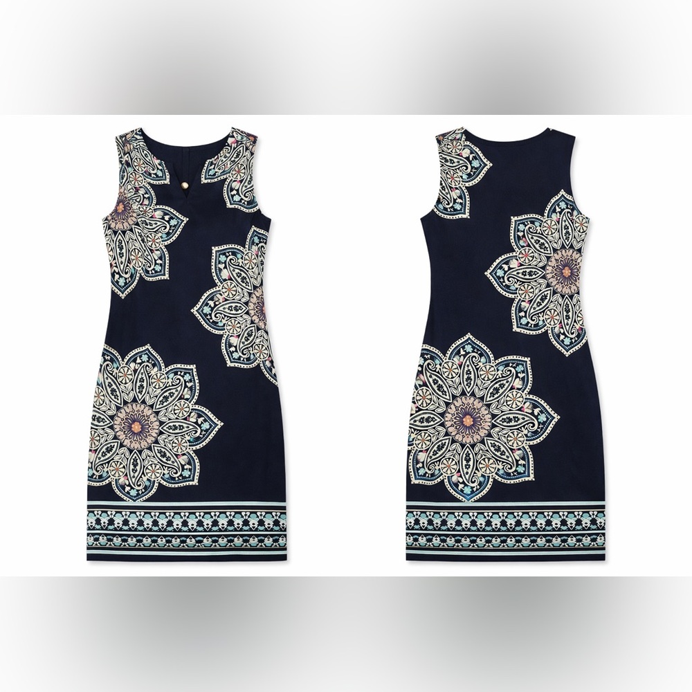 Sleeveless Navy Floral Medallion Sheath Dress Size Petite Small NWT - Picture 2 of 7